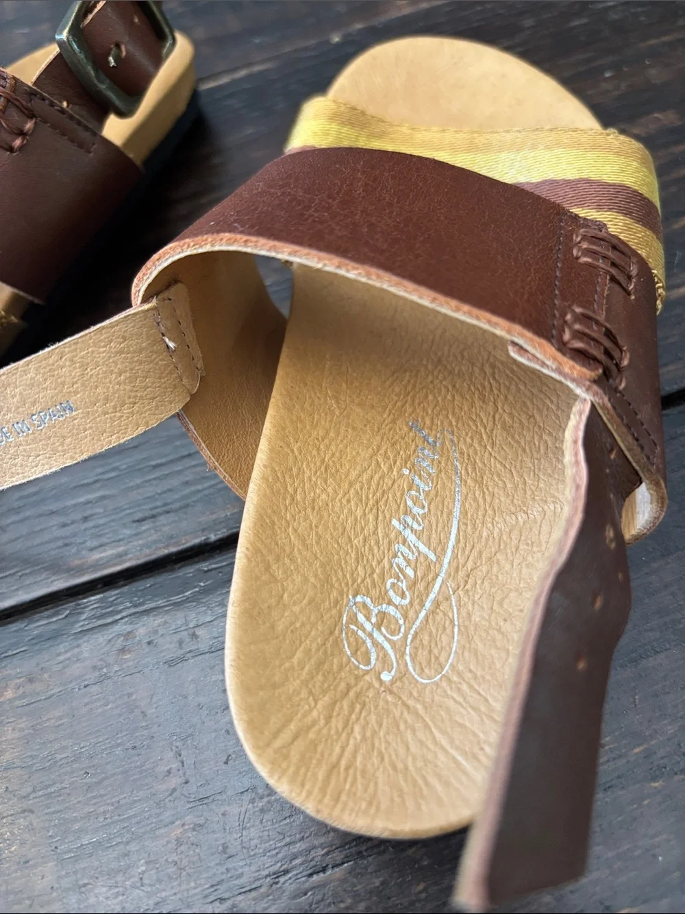 Bonpoint Brown Leather Sandals with Yellow Striped Band